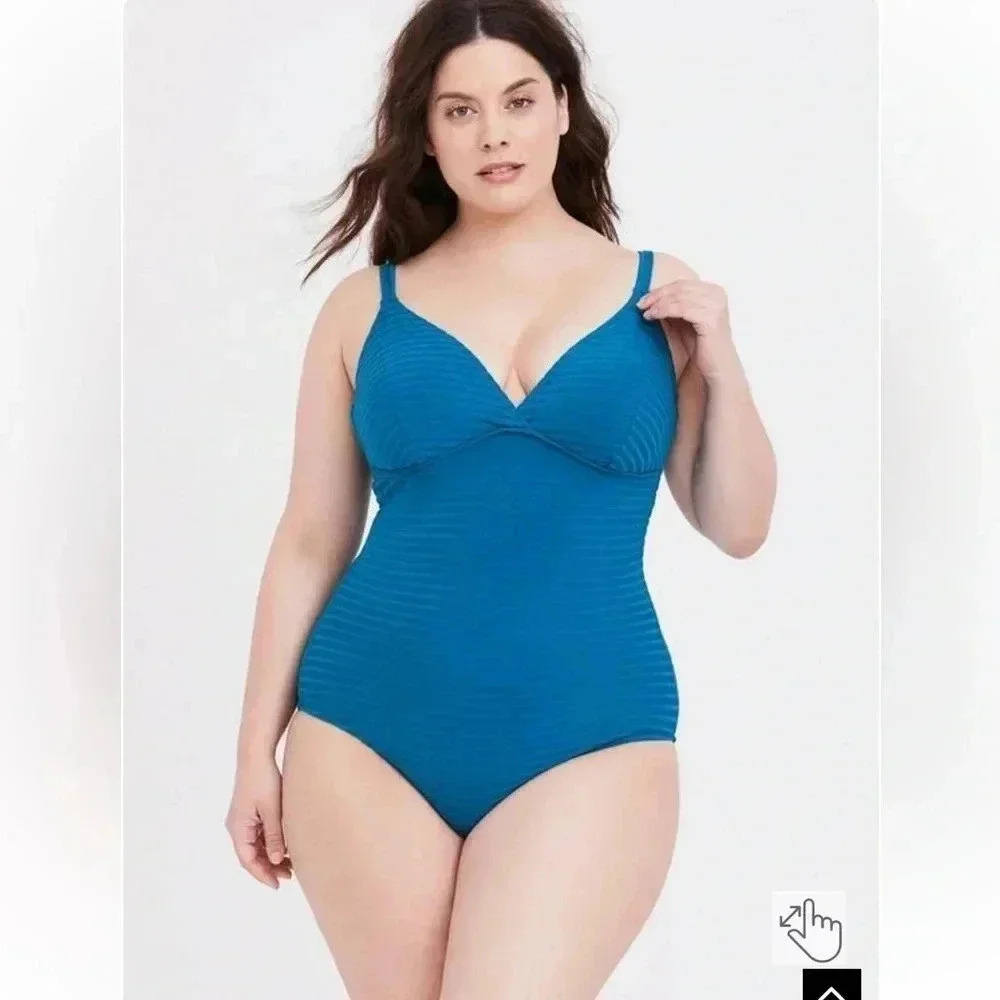 Torrid Womens Plus Size Blue Wireless Shadow Stripe One Piece Swimsuit 6X‎ - Picture 3 of 9